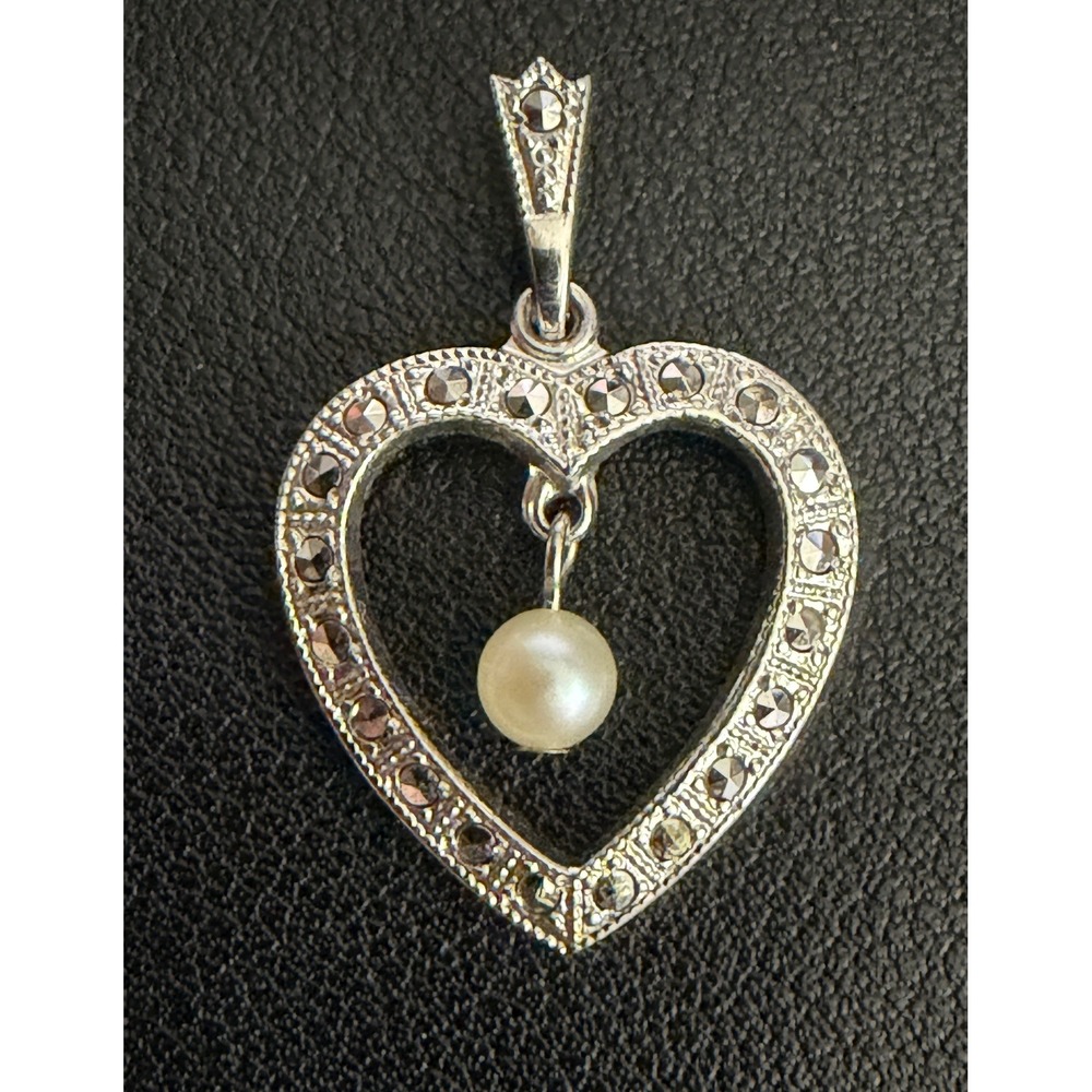 Sterling Silver Pendant Heart Signed Theda Marcasite Genuine Pearl